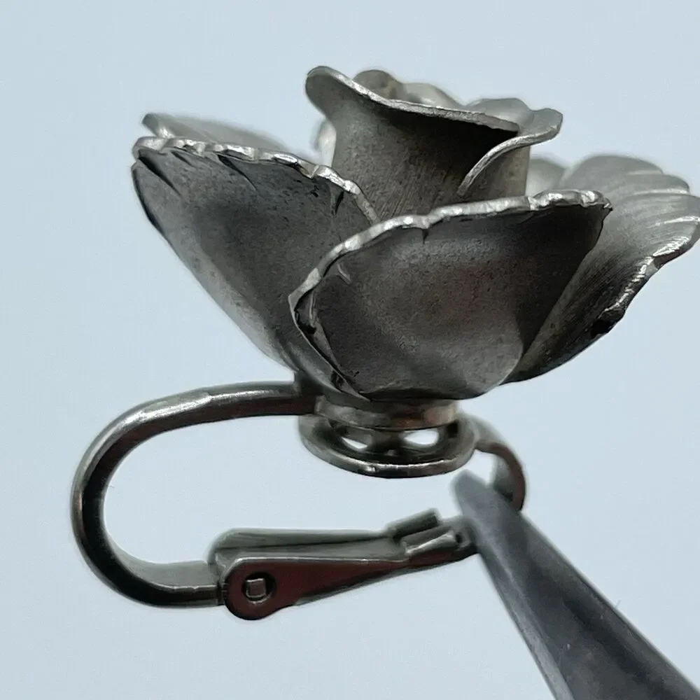 Vintage Lisner Rose Silver Tone Stud Clip On Statement Art Deco Earrings Floral